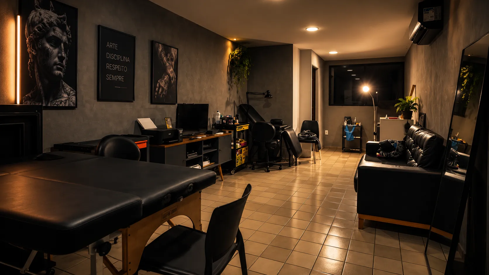 Interior do estúdio privado de tatuagem de Iure Gabriel em Cabo Branco, João Pessoa